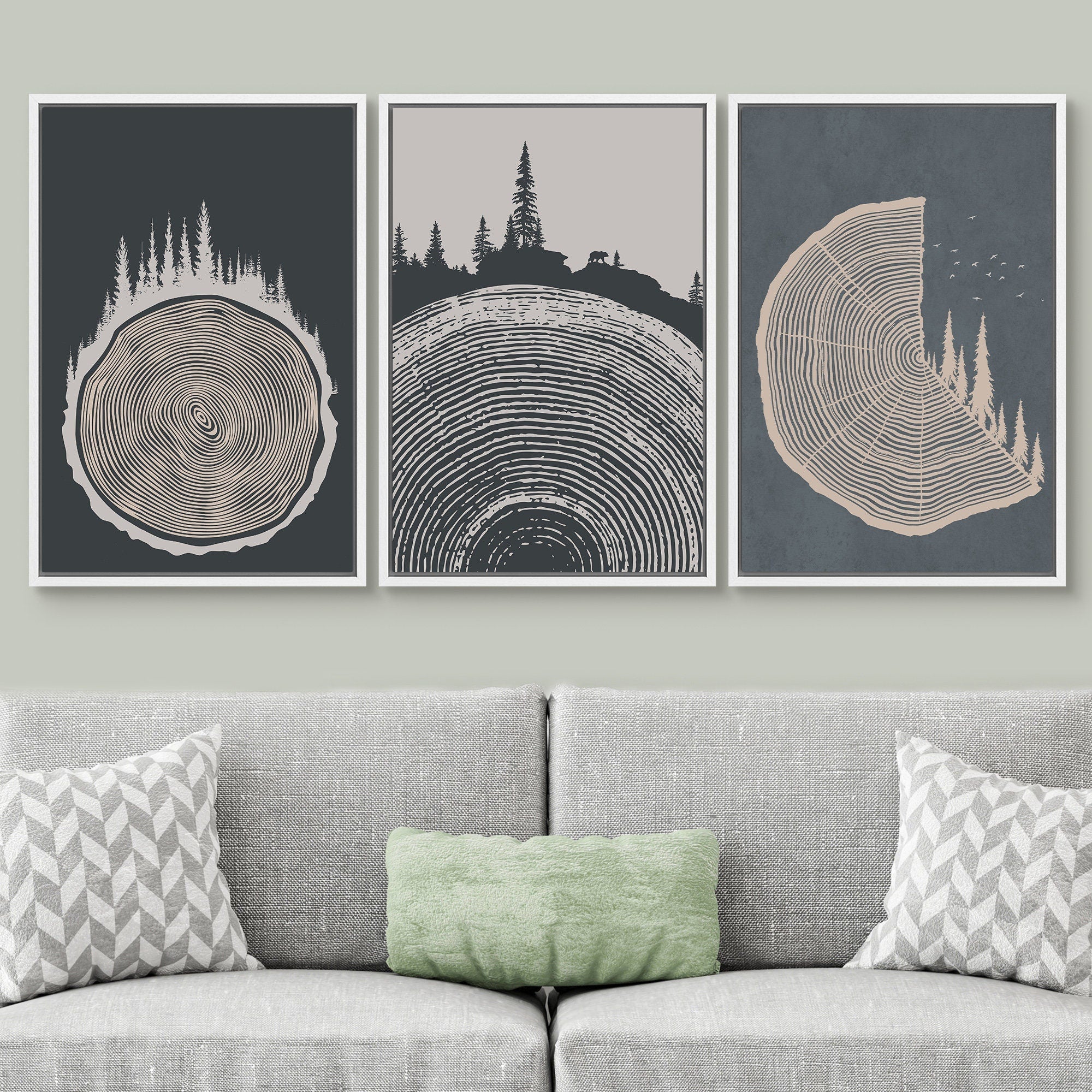 Framed Canvas Print Wall Art Set of 3 Pastel Grunge Forest Tree Rings Abstract Illustrations Minimalist Modern Art Boho Decor