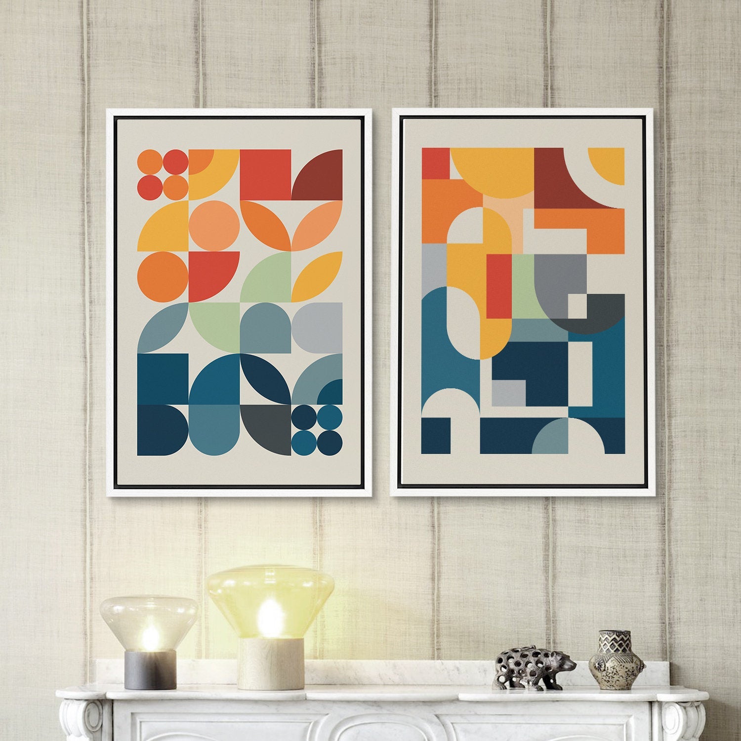 Framed Canvas Print Wall Art Set Colorful Geometric Abstract Illustrations Mid Century Modern Wall Art Minimalist Decor