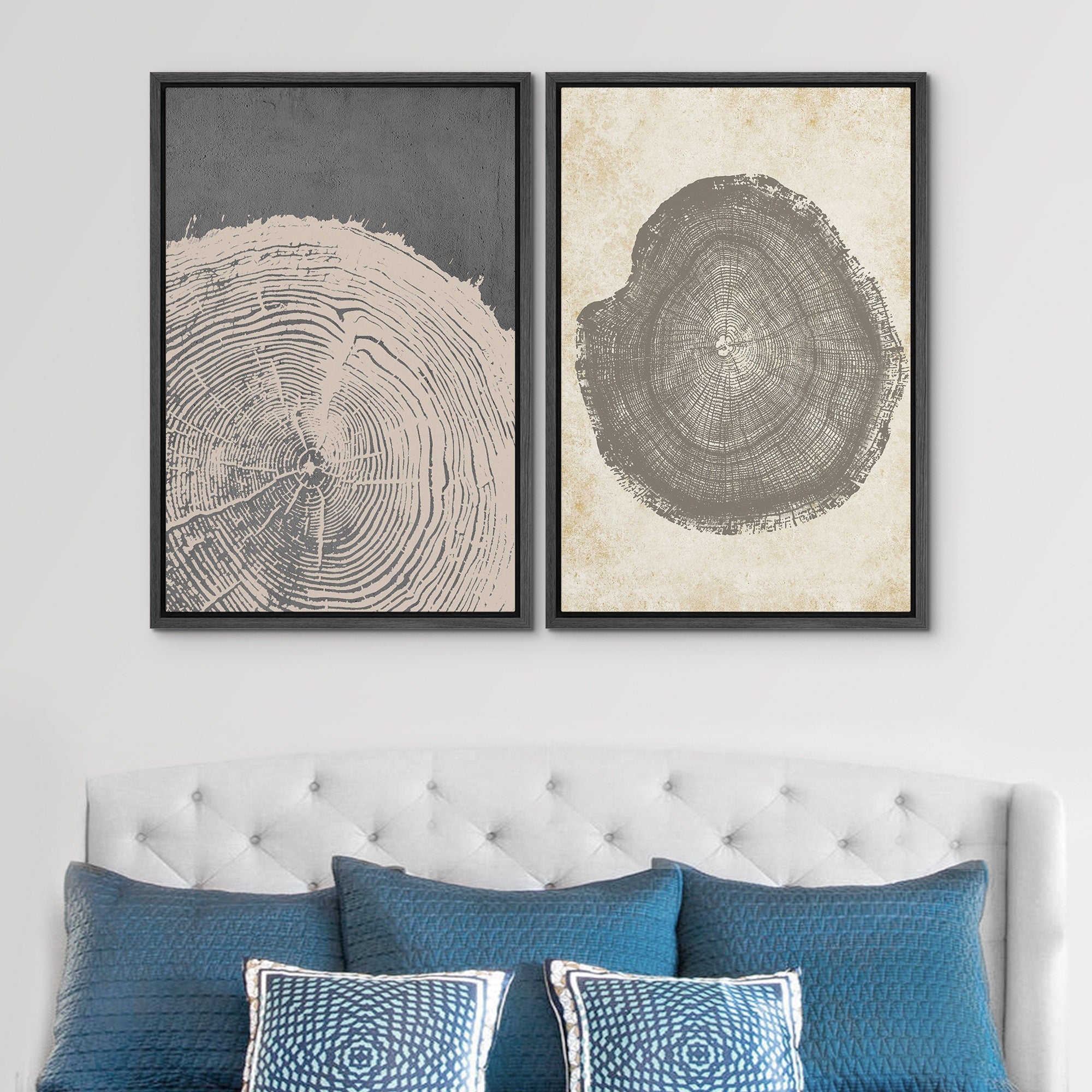 Framed Canvas Print Wall Art Set of 2 Pastel Grunge Wood Tree Rings Abstract Illustrations Minimalist Modern Art Boho Decor