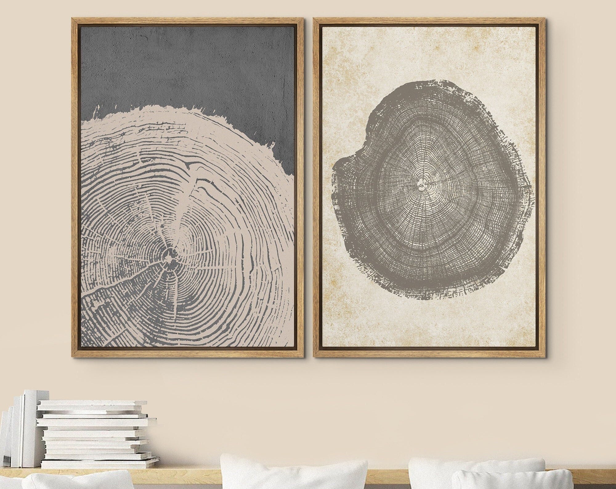 Framed Canvas Print Wall Art Set of 2 Pastel Grunge Wood Tree Rings Abstract Illustrations Minimalist Modern Art Boho Decor