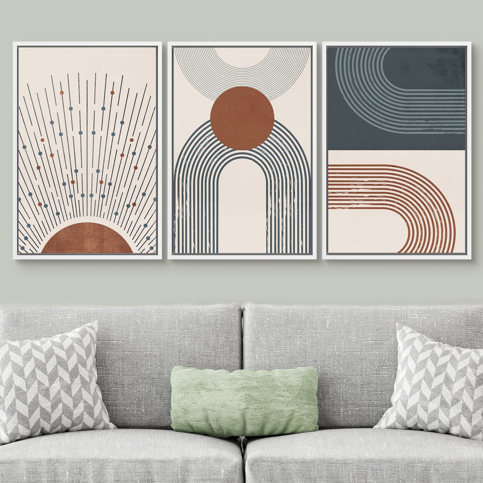 Framed Canvas Print Wall Art Set of 3 Geometric Sun Abstract Illustration Mid Century Modern Wall Art Minimalist Boho Decor