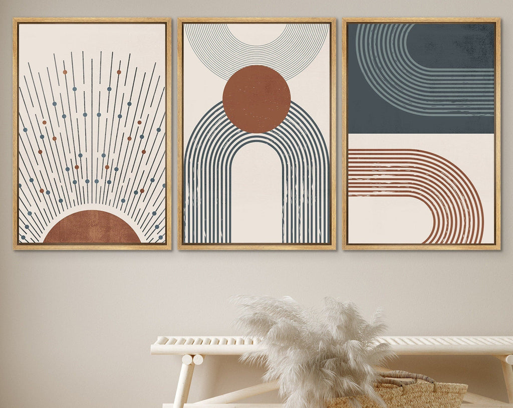 Framed Canvas Print Wall Art Set of 3 Geometric Sun Abstract Illustration Mid Century Modern Wall Art Minimalist Boho Decor