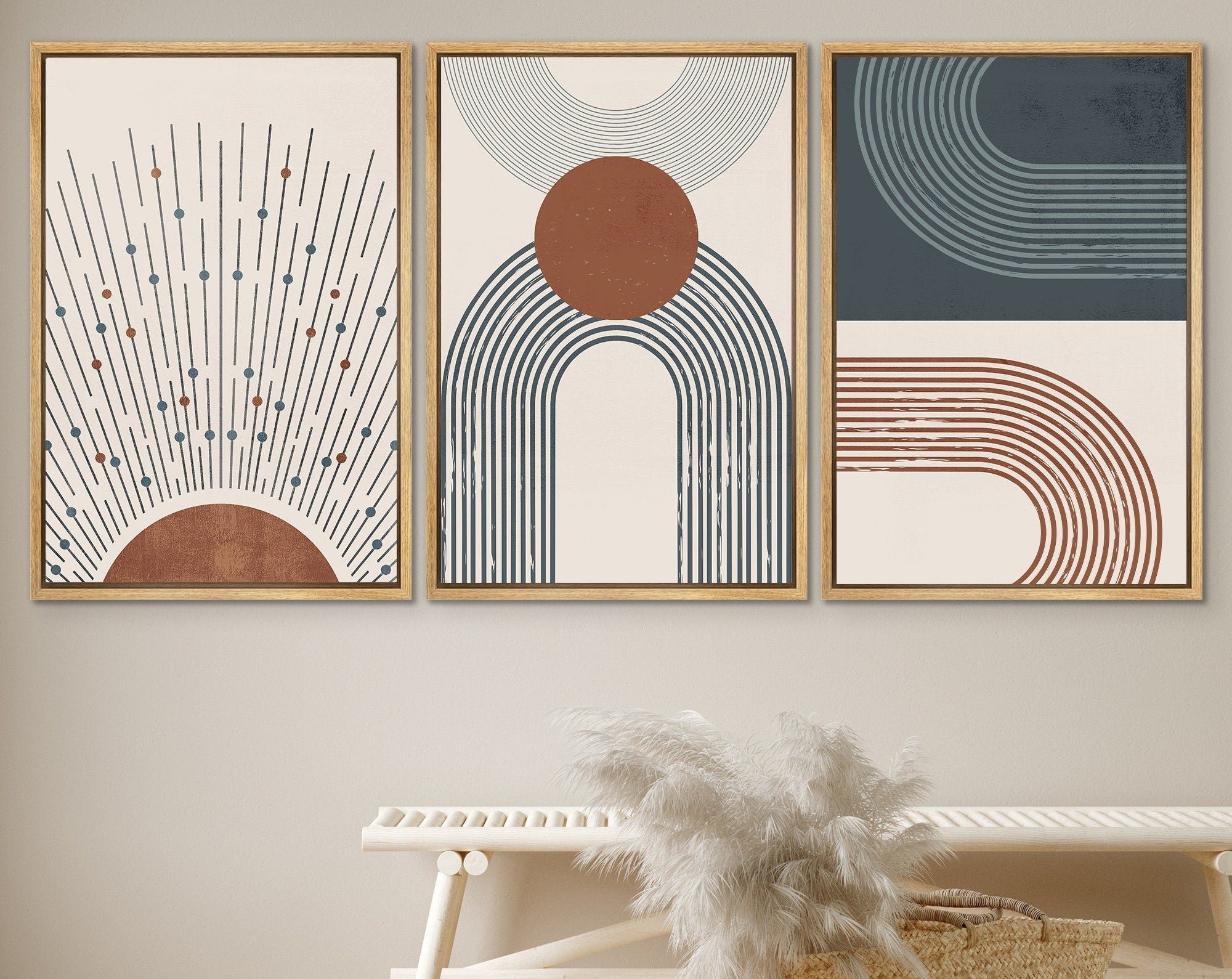 Framed Canvas Print Wall Art Set of 3 Geometric Sun Abstract Illustration Mid Century Modern Wall Art Minimalist Boho Decor