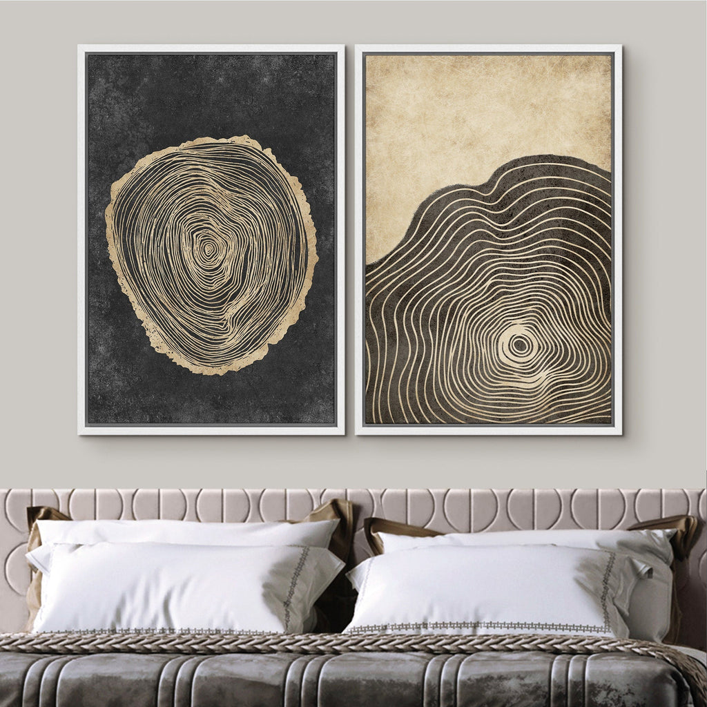 Framed Canvas Print Wall Art Set of 3 Pastel Grunge Wood Tree Rings Abstract Illustrations Minimalist Modern Art Boho Decor