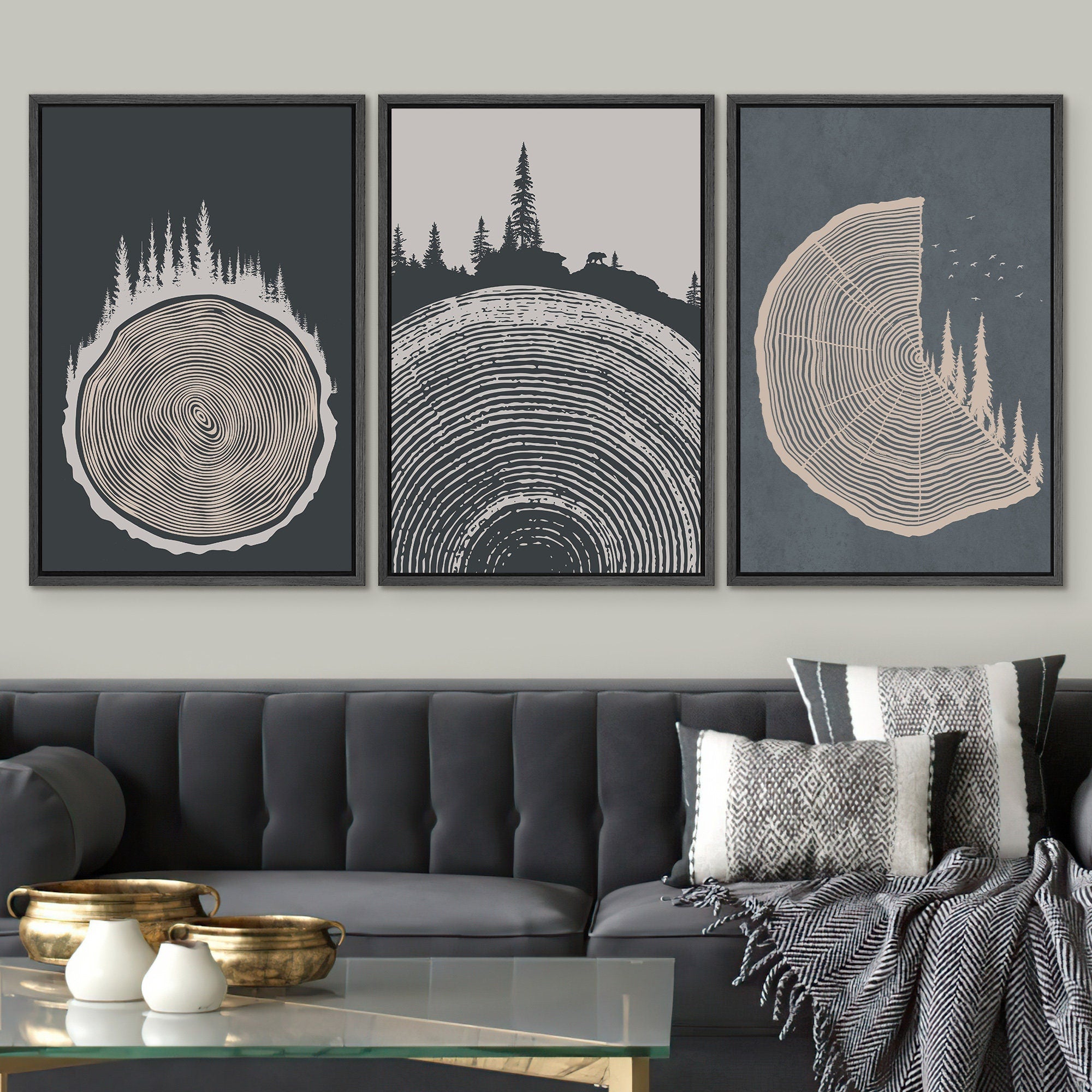 Framed Canvas Print Wall Art Set of 3 Pastel Grunge Forest Tree Rings Abstract Illustrations Minimalist Modern Art Boho Decor