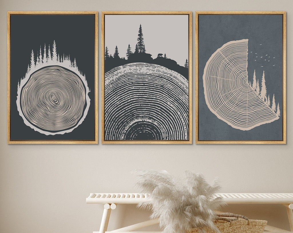 Framed Canvas Print Wall Art Set of 3 Pastel Grunge Forest Tree Rings Abstract Illustrations Minimalist Modern Art Boho Decor