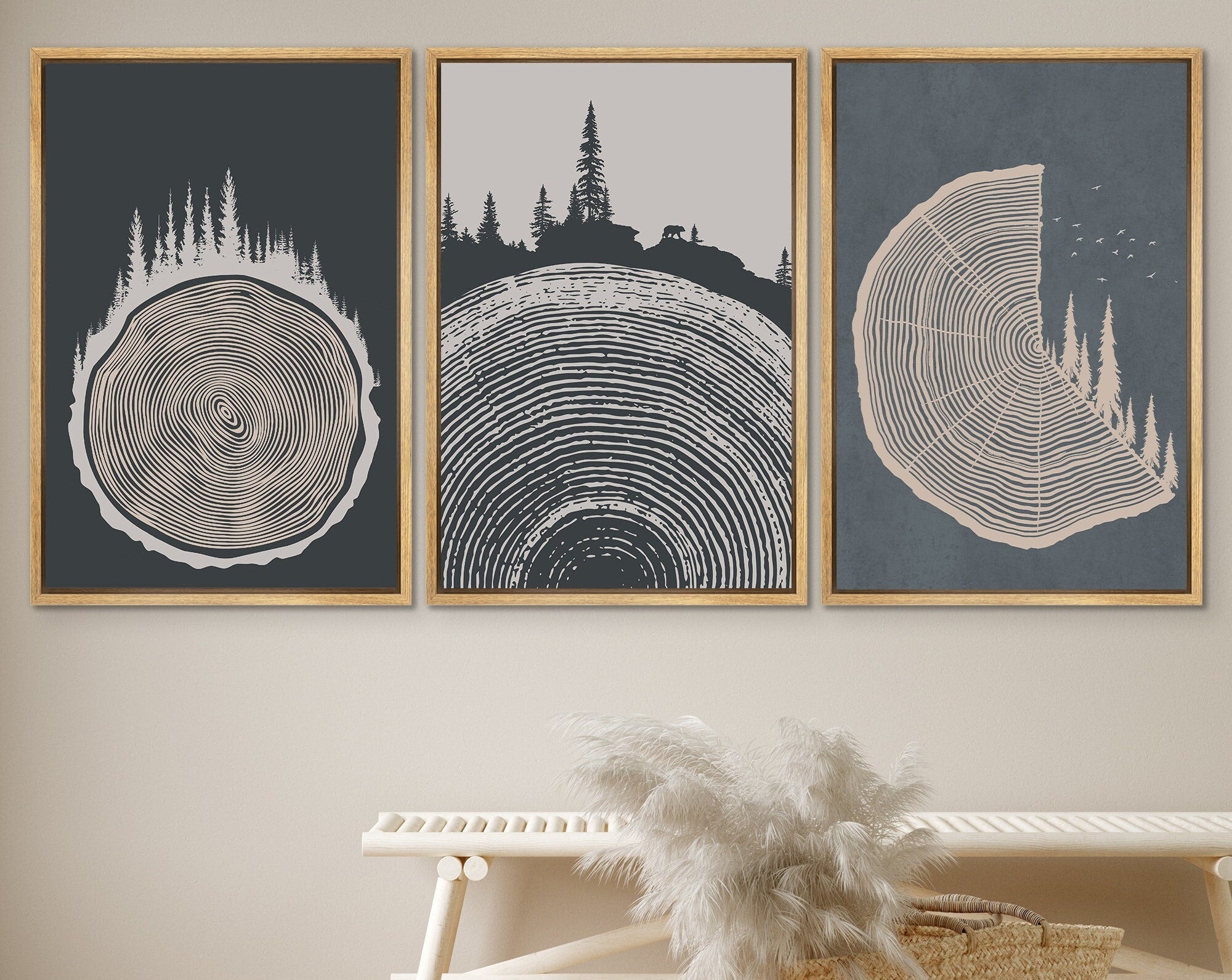 Framed Canvas Print Wall Art Set of 3 Pastel Grunge Forest Tree Rings Abstract Illustrations Minimalist Modern Art Boho Decor