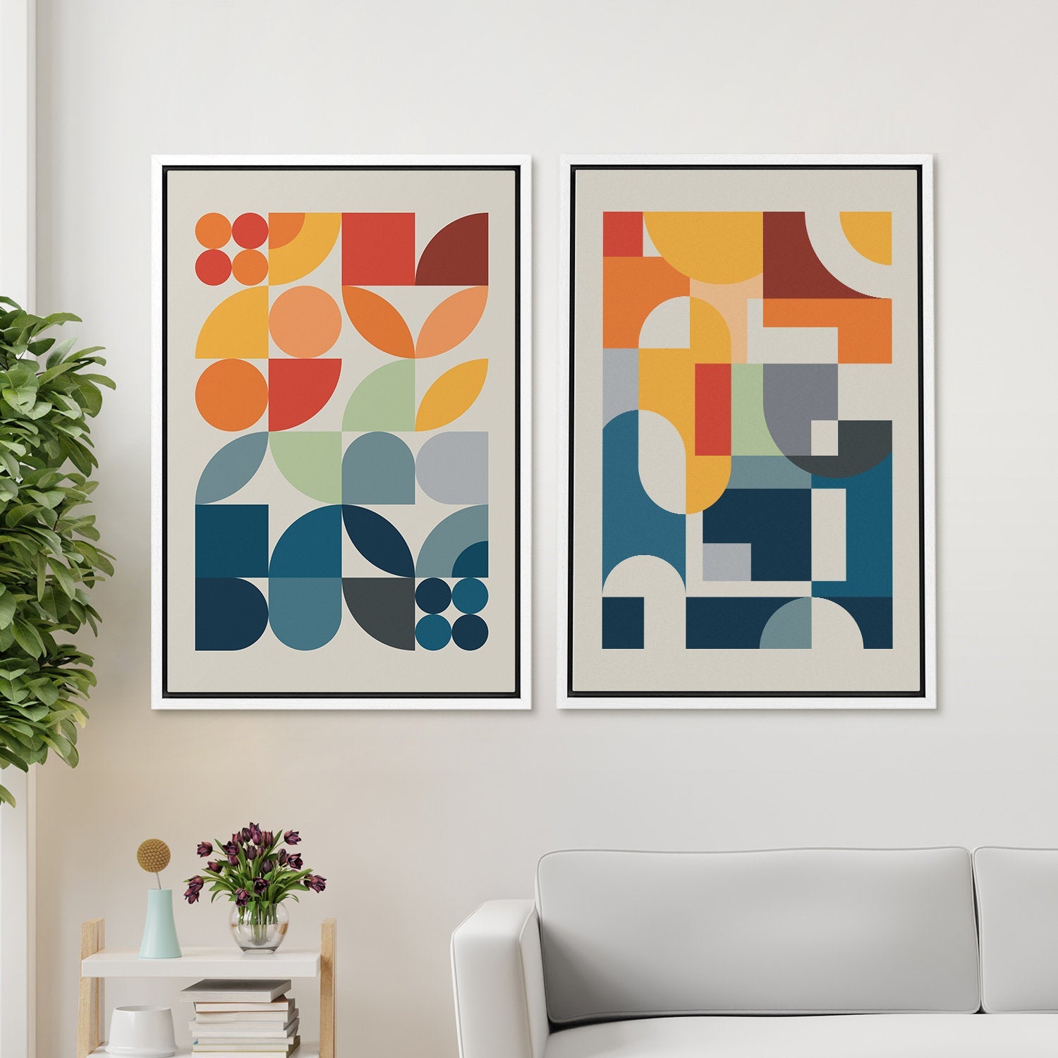 Framed Canvas Print Wall Art Set Colorful Geometric Abstract Illustrations Mid Century Modern Wall Art Minimalist Decor