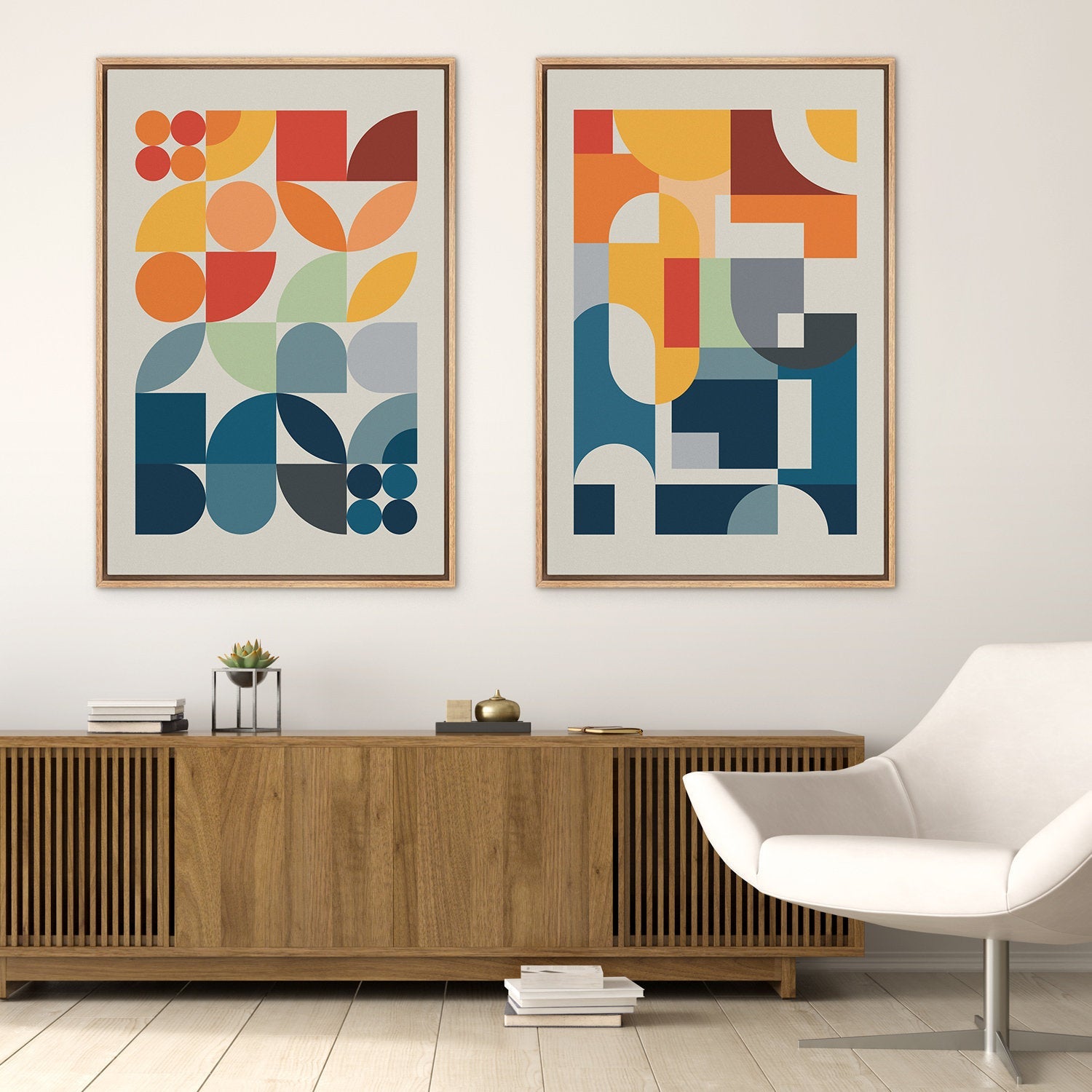 Framed Canvas Print Wall Art Set Colorful Geometric Abstract Illustrations Mid Century Modern Wall Art Minimalist Decor