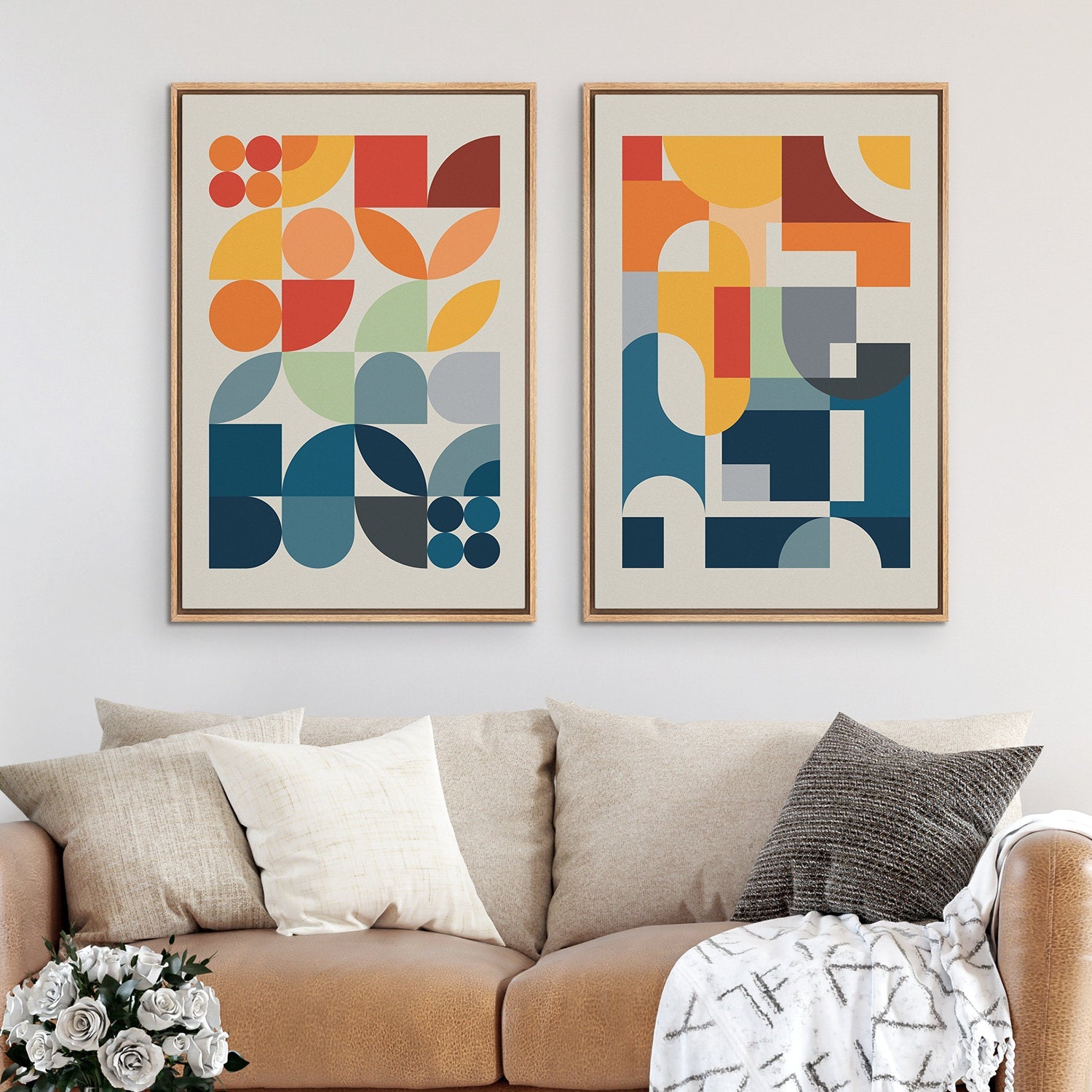 Framed Canvas Print Wall Art Set Colorful Geometric Abstract Illustrations Mid Century Modern Wall Art Minimalist Decor