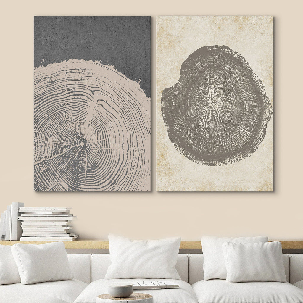 Framed Canvas Print Wall Art Set of 2 Pastel Grunge Wood Tree Rings Abstract Illustrations Minimalist Modern Art Boho Decor