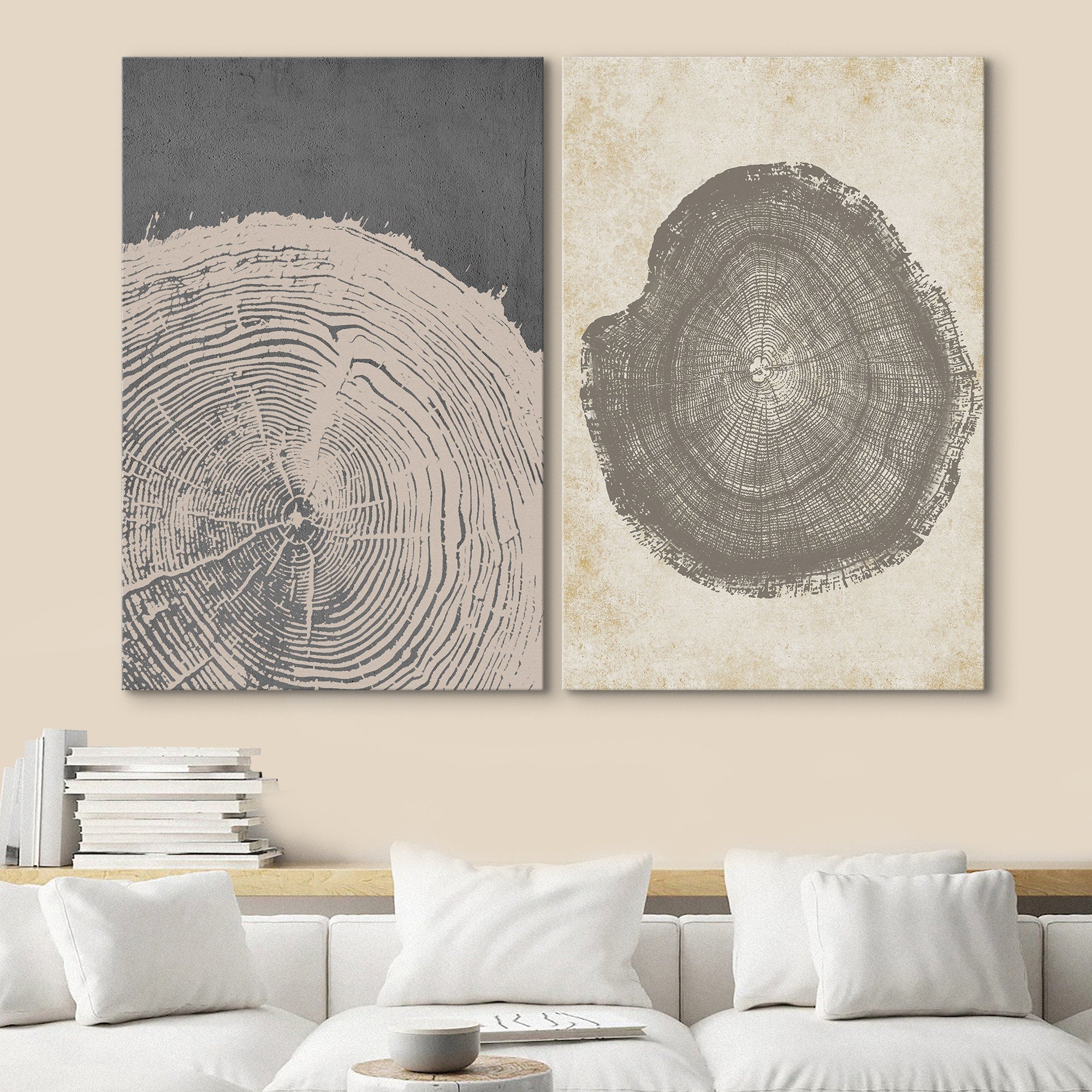 Framed Canvas Print Wall Art Set of 2 Pastel Grunge Wood Tree Rings Abstract Illustrations Minimalist Modern Art Boho Decor