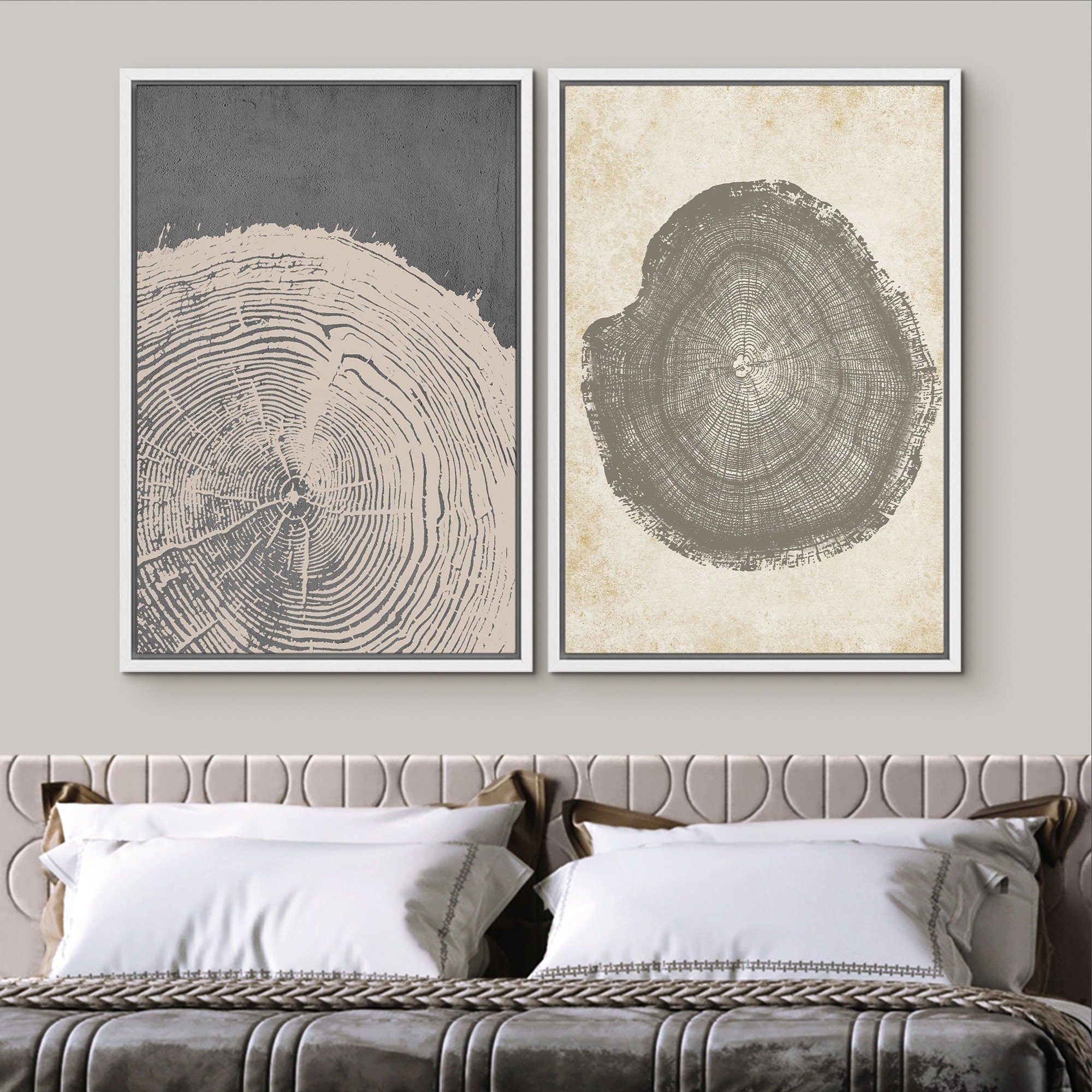 Framed Canvas Print Wall Art Set of 2 Pastel Grunge Wood Tree Rings Abstract Illustrations Minimalist Modern Art Boho Decor