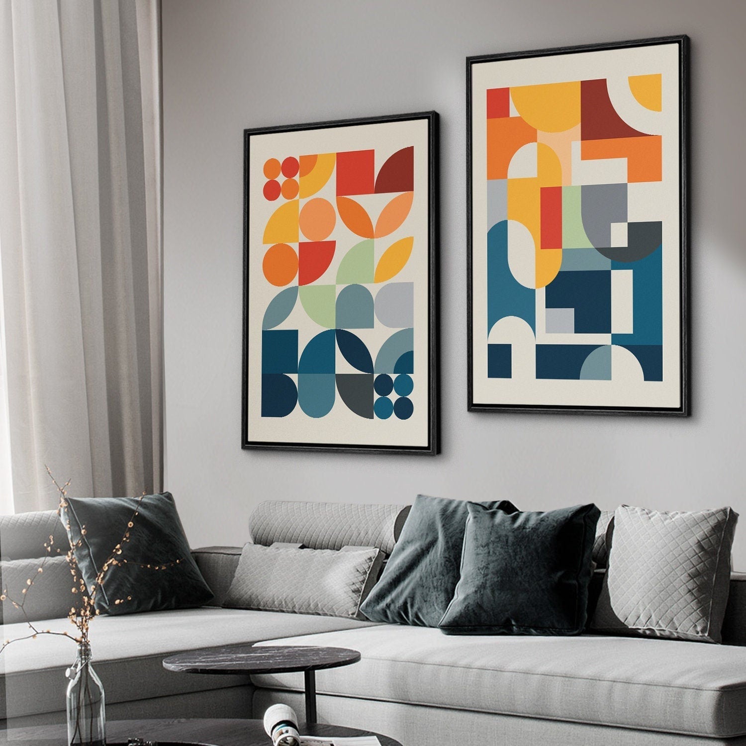 Framed Canvas Print Wall Art Set Colorful Geometric Abstract Illustrations Mid Century Modern Wall Art Minimalist Decor