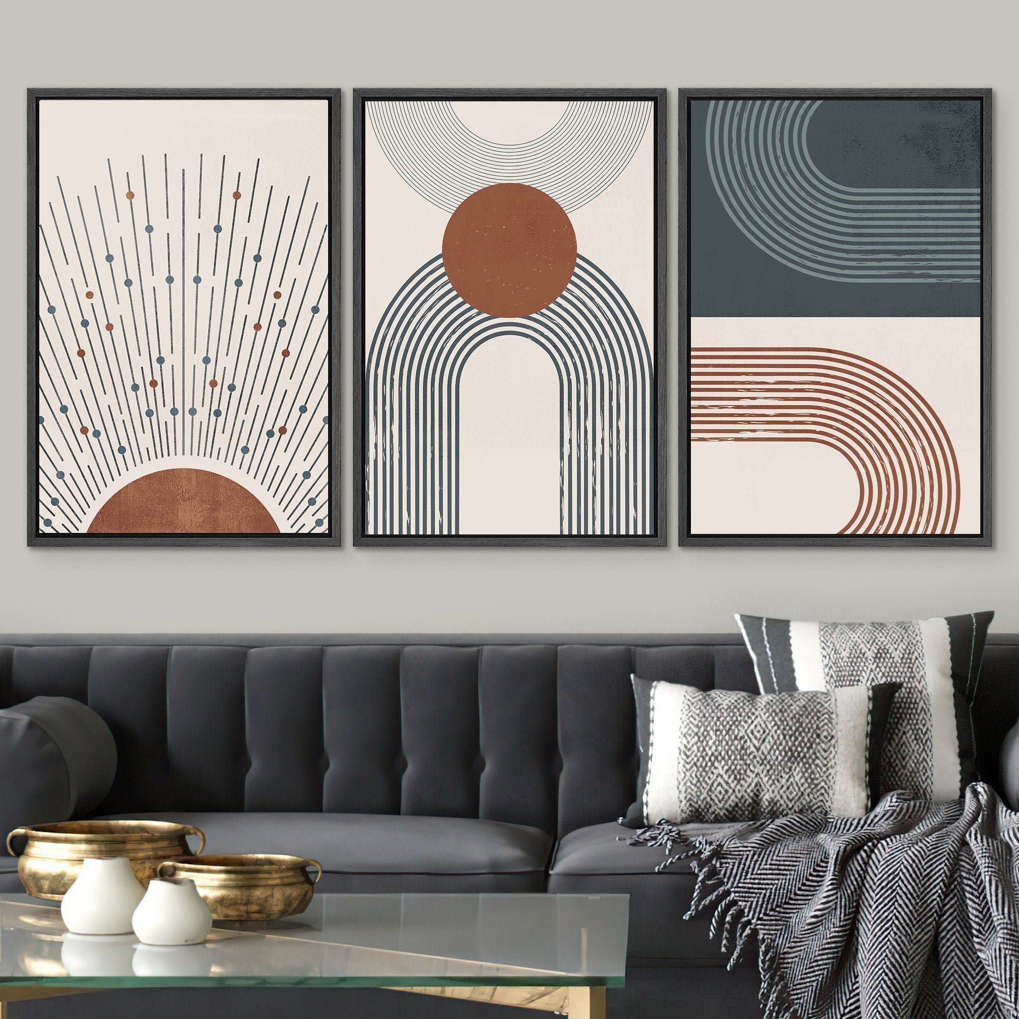 Framed Canvas Print Wall Art Set of 3 Geometric Sun Abstract Illustration Mid Century Modern Wall Art Minimalist Boho Decor