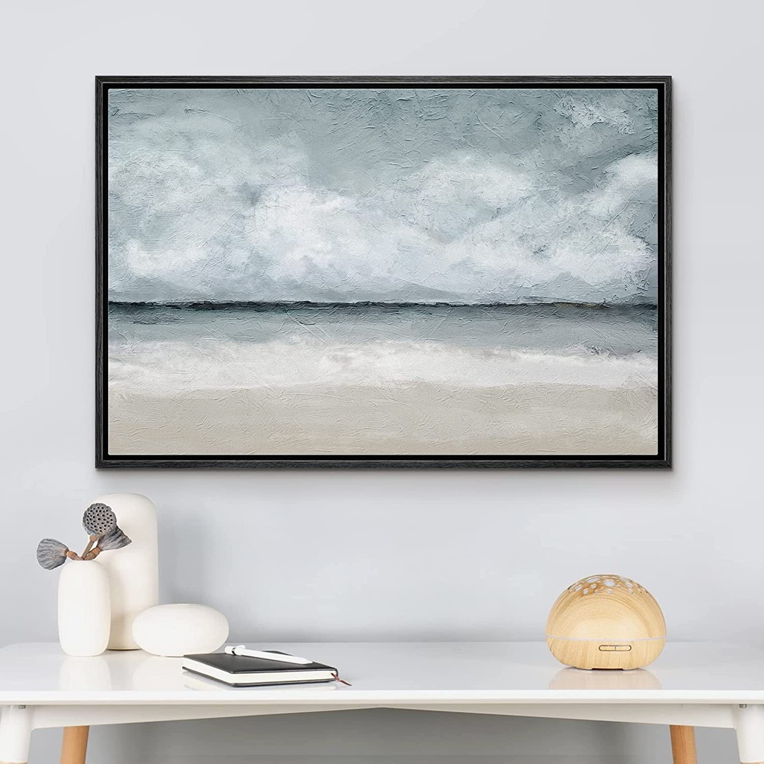 Framed Canvas Print Wall Art Coastal Beach Ocean Oil Painting Print Minimalist Modern Art Decor for Living Room