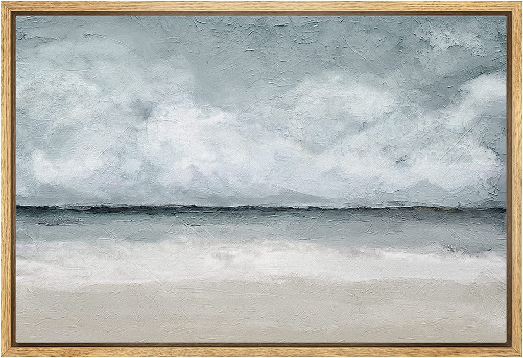 Framed Canvas Print Wall Art Coastal Beach Ocean Oil Painting Print Minimalist Modern Art Decor for Living Room