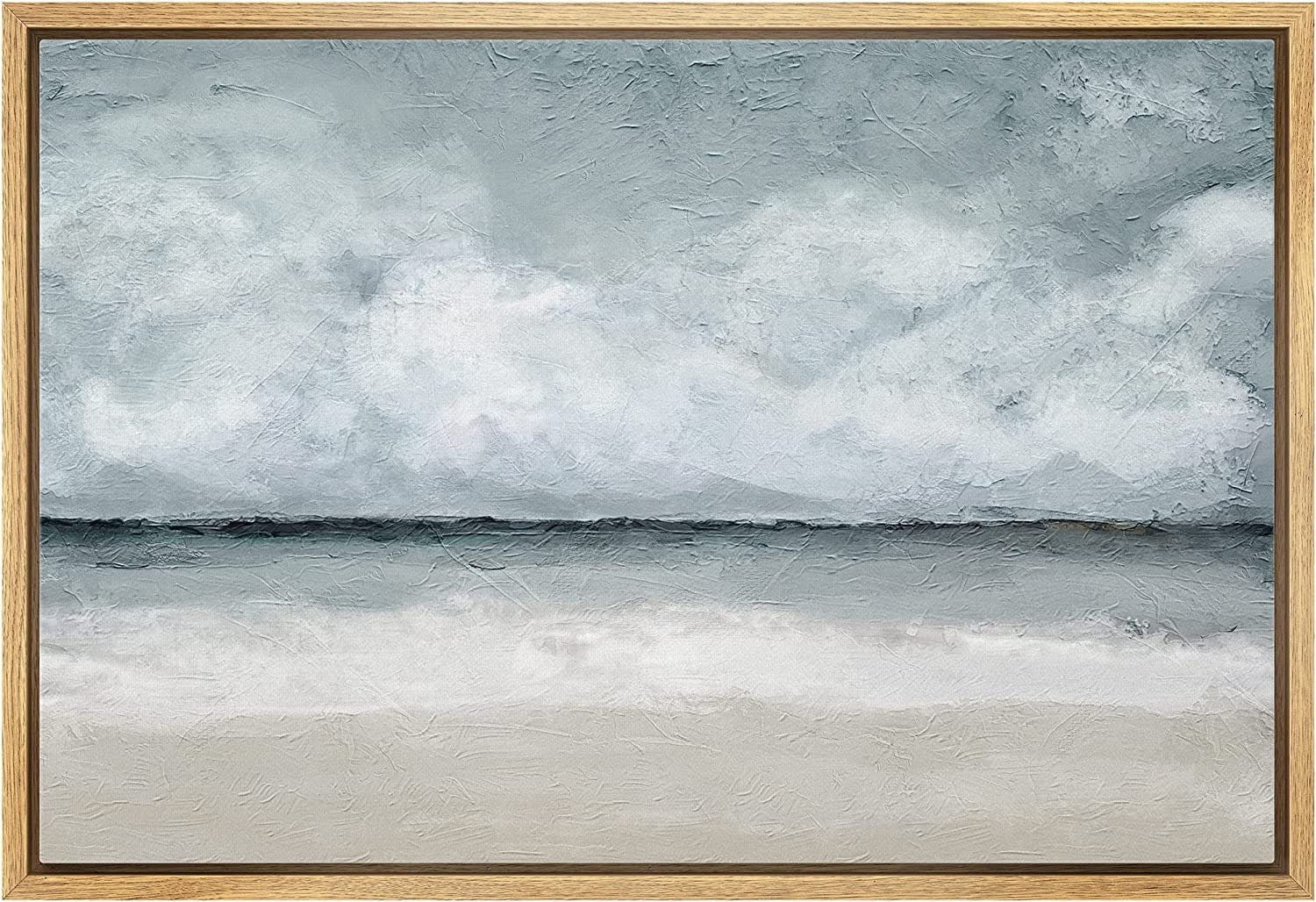Framed Canvas Print Wall Art Coastal Beach Ocean Oil Painting Print Minimalist Modern Art Decor for Living Room