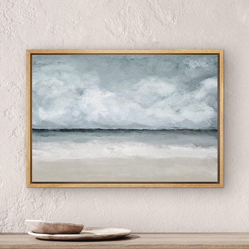 Framed Canvas Print Wall Art Coastal Beach Ocean Oil Painting Print Minimalist Modern Art Decor for Living Room