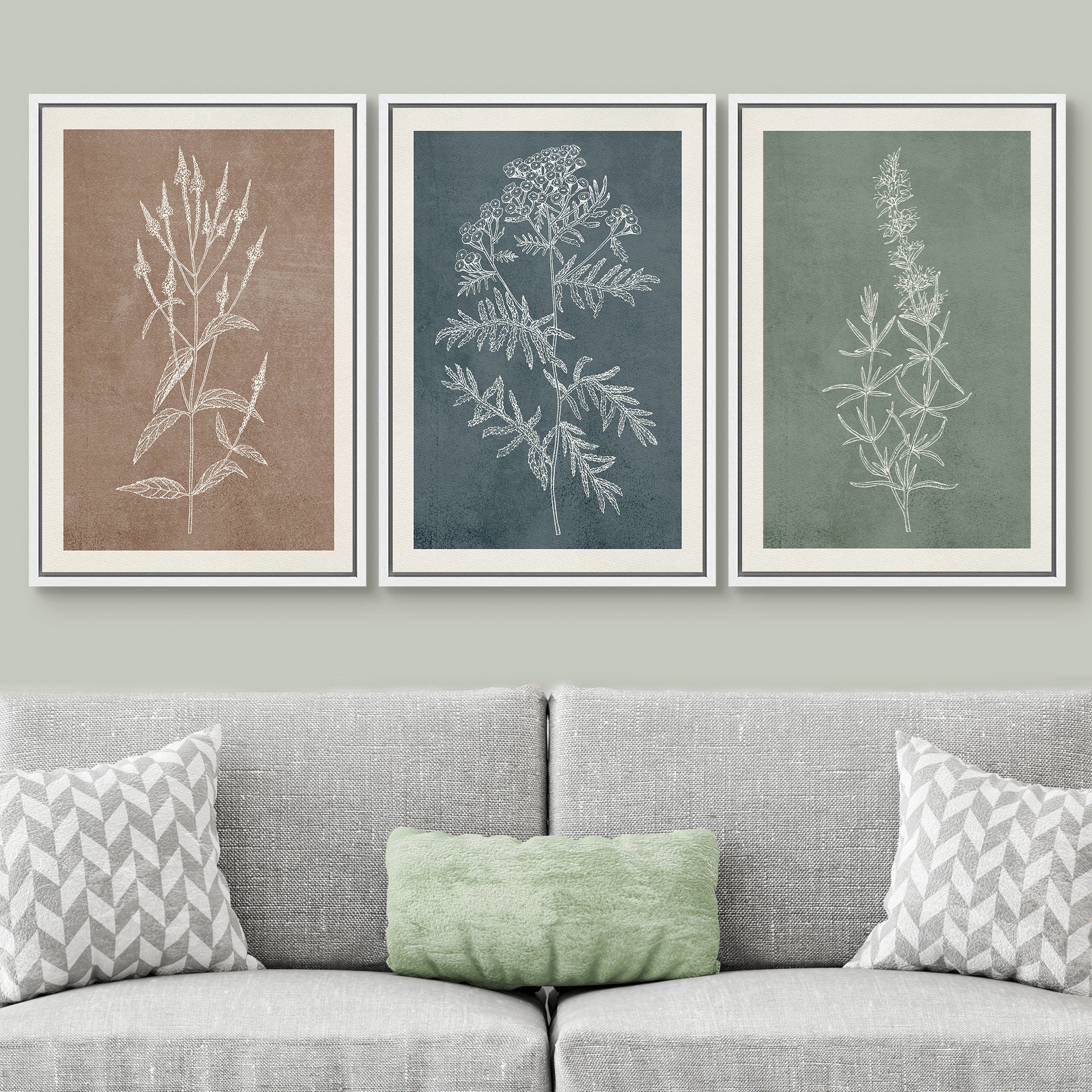 Framed Canvas Print Wall Art Set of 3 Wildflower Floral Botanical Illustrations Minimalist Art Neutral Modern Farmhouse Decor