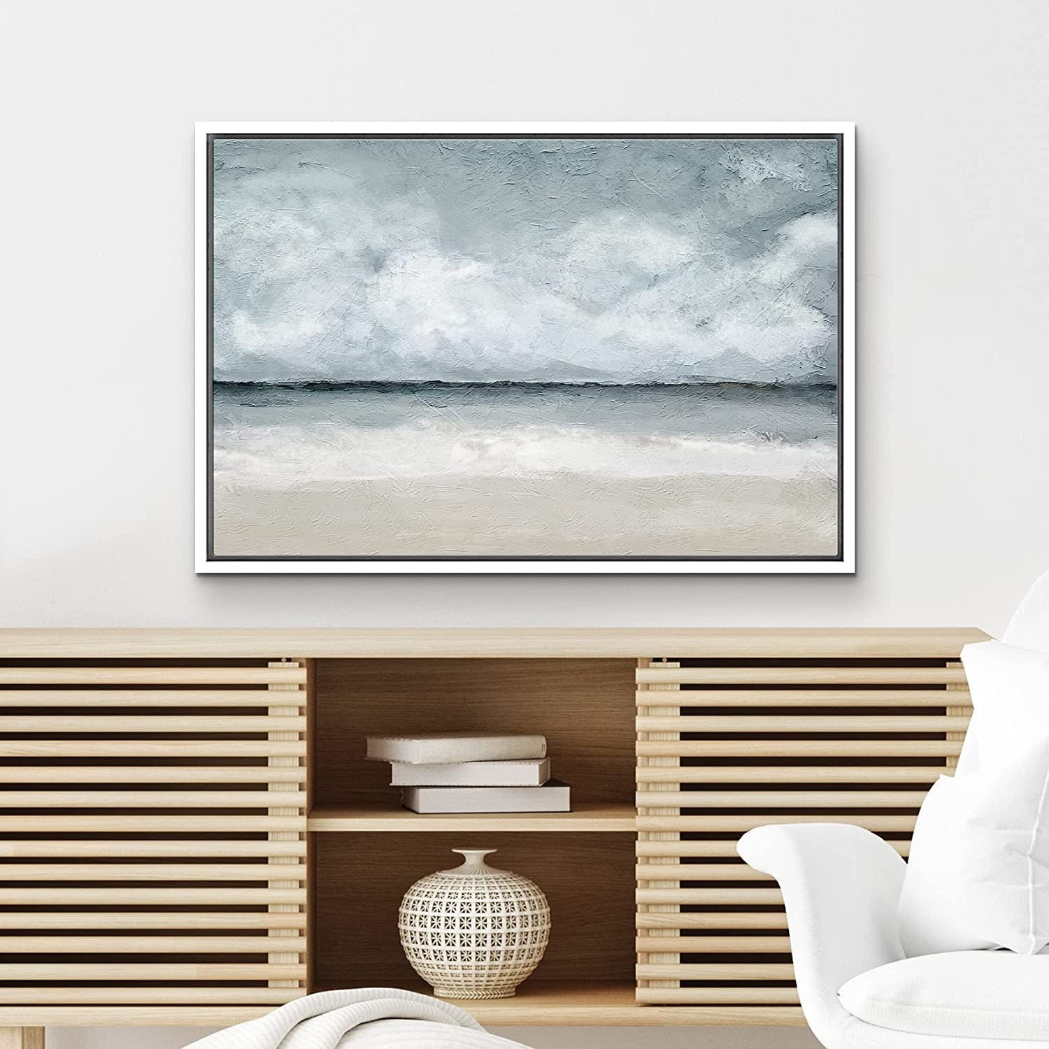Framed Canvas Print Wall Art Coastal Beach Ocean Oil Painting Print Minimalist Modern Art Decor for Living Room