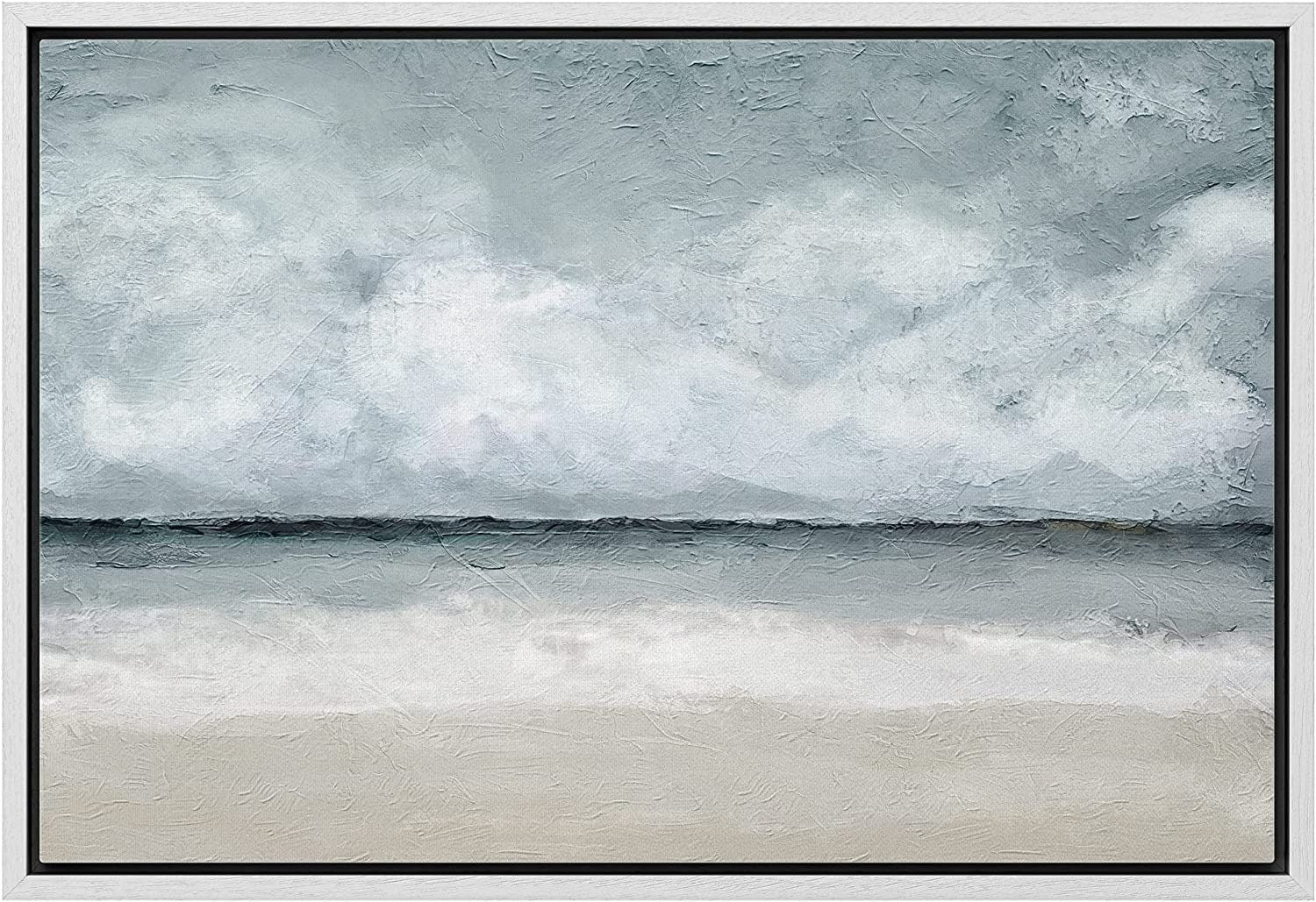Framed Canvas Print Wall Art Coastal Beach Ocean Oil Painting Print Minimalist Modern Art Decor for Living Room