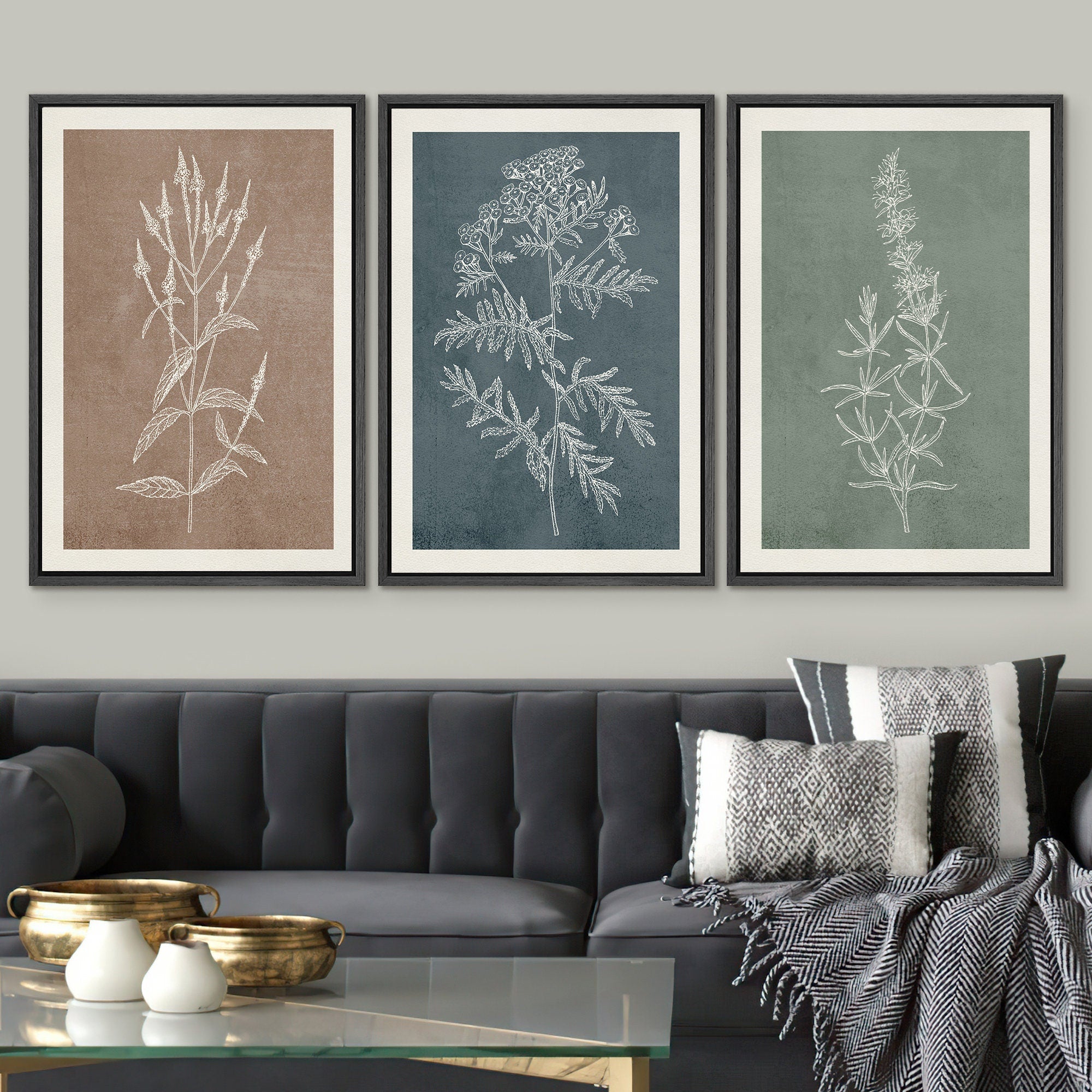 Framed Canvas Print Wall Art Set of 3 Wildflower Floral Botanical Illustrations Minimalist Art Neutral Modern Farmhouse Decor